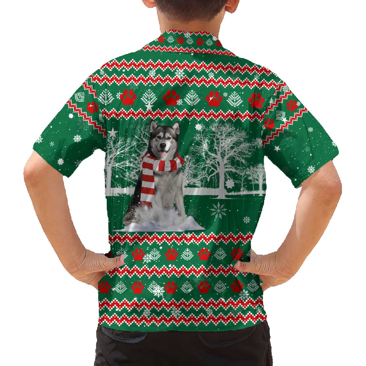 Alaskan Malamute Winter Tree Christmas Family Matching Off The Shoulder Long Sleeve Dress and Hawaiian Shirt Xmas Holiday Patterns - Wonder Print Shop