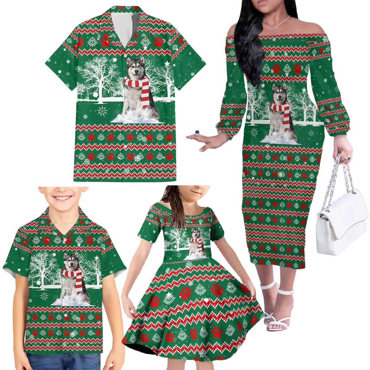 Alaskan Malamute Winter Tree Christmas Family Matching Off The Shoulder Long Sleeve Dress and Hawaiian Shirt Xmas Holiday Patterns - Wonder Print Shop