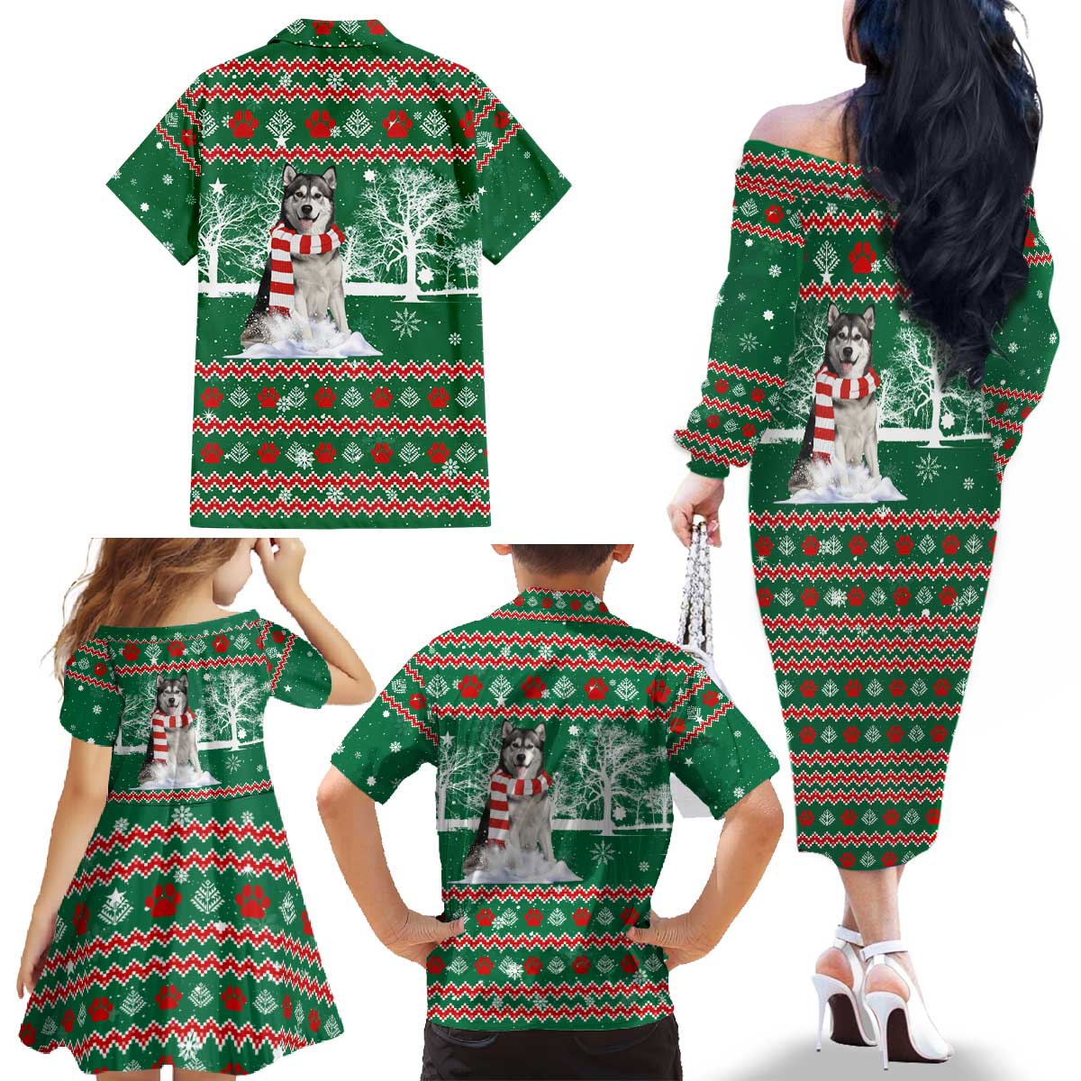 Alaskan Malamute Winter Tree Christmas Family Matching Off The Shoulder Long Sleeve Dress and Hawaiian Shirt Xmas Holiday Patterns - Wonder Print Shop