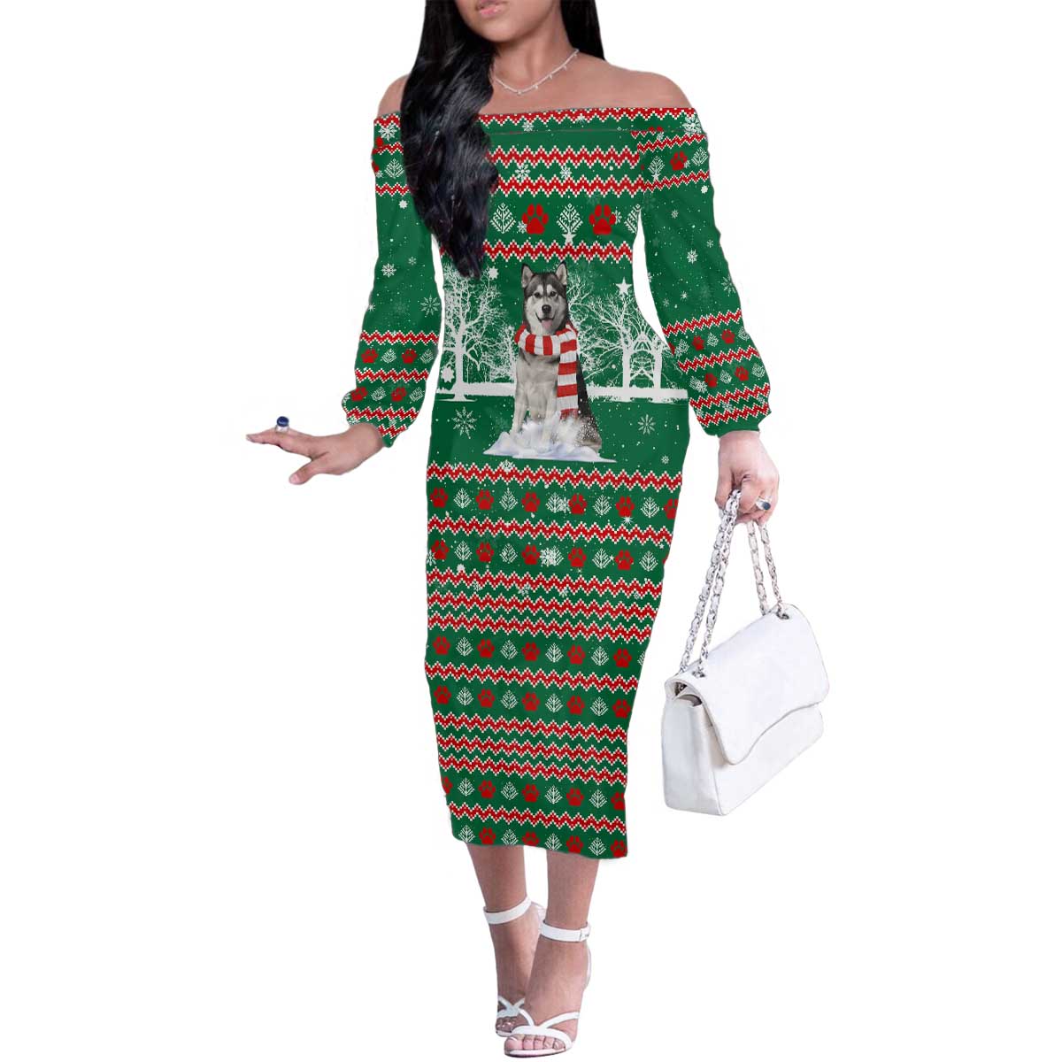 Alaskan Malamute Winter Tree Christmas Family Matching Off The Shoulder Long Sleeve Dress and Hawaiian Shirt Xmas Holiday Patterns - Wonder Print Shop