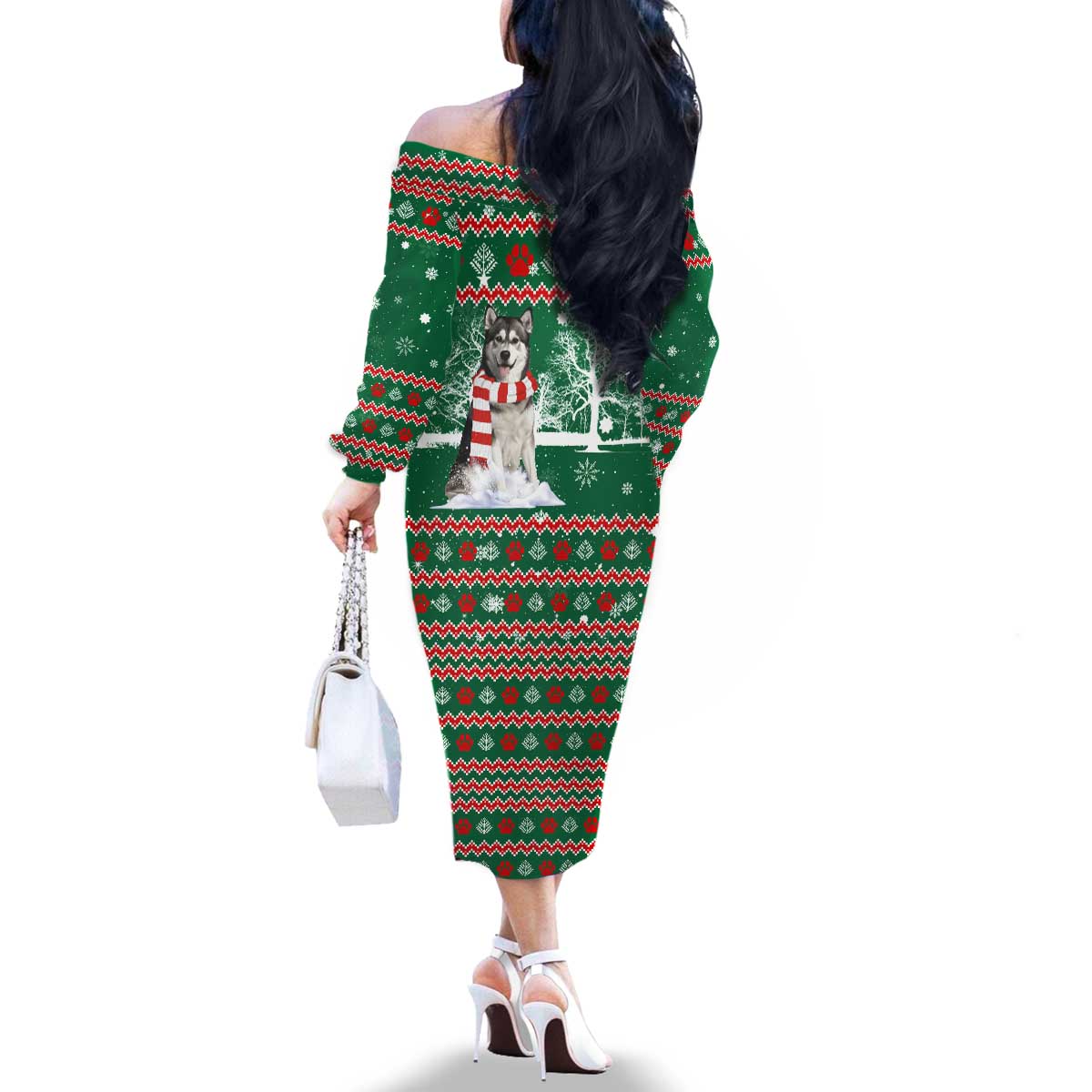 Alaskan Malamute Winter Tree Christmas Family Matching Off The Shoulder Long Sleeve Dress and Hawaiian Shirt Xmas Holiday Patterns - Wonder Print Shop