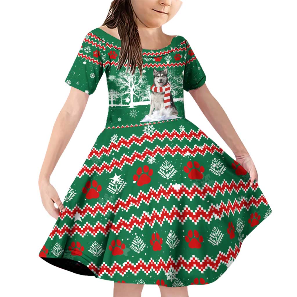 Alaskan Malamute Winter Tree Christmas Family Matching Off Shoulder Short Dress and Hawaiian Shirt Xmas Holiday Patterns - Wonder Print Shop