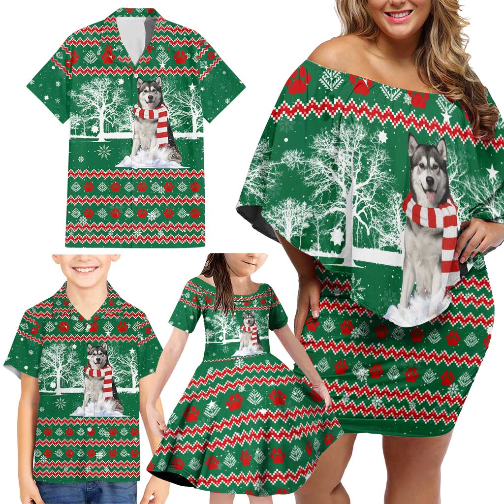 Alaskan Malamute Winter Tree Christmas Family Matching Off Shoulder Short Dress and Hawaiian Shirt Xmas Holiday Patterns - Wonder Print Shop