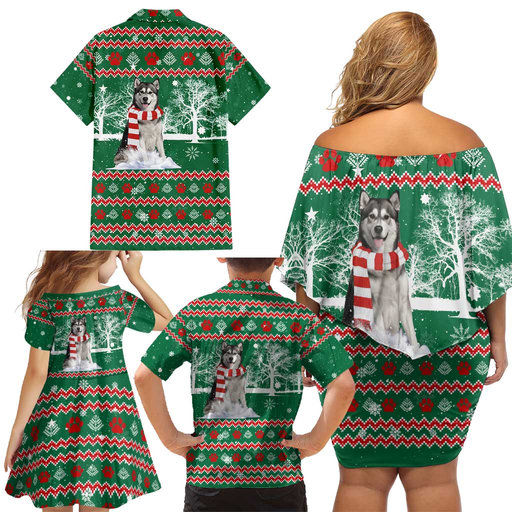 Alaskan Malamute Winter Tree Christmas Family Matching Off Shoulder Short Dress and Hawaiian Shirt Xmas Holiday Patterns - Wonder Print Shop