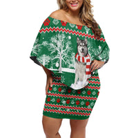 Alaskan Malamute Winter Tree Christmas Family Matching Off Shoulder Short Dress and Hawaiian Shirt Xmas Holiday Patterns - Wonder Print Shop