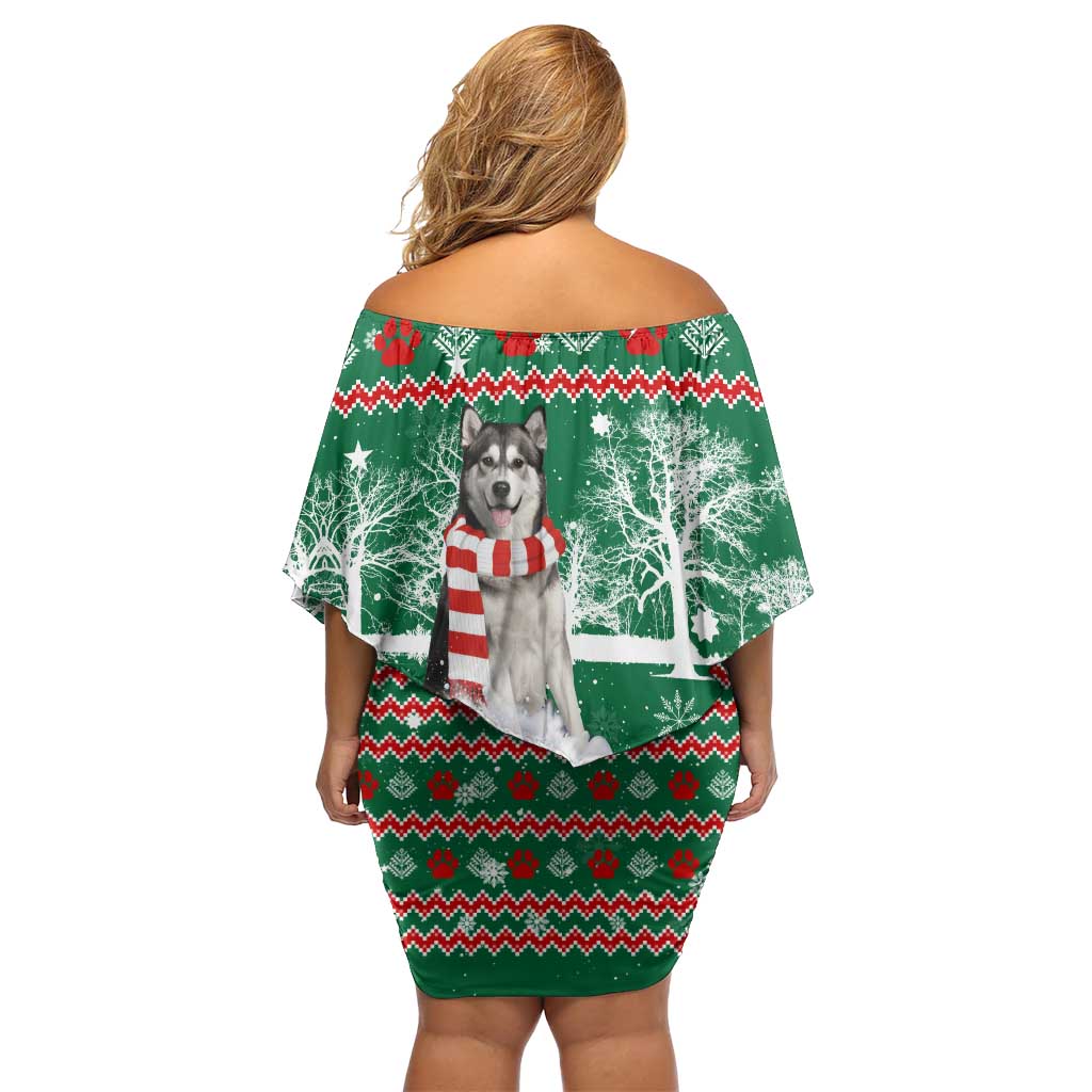 Alaskan Malamute Winter Tree Christmas Family Matching Off Shoulder Short Dress and Hawaiian Shirt Xmas Holiday Patterns - Wonder Print Shop