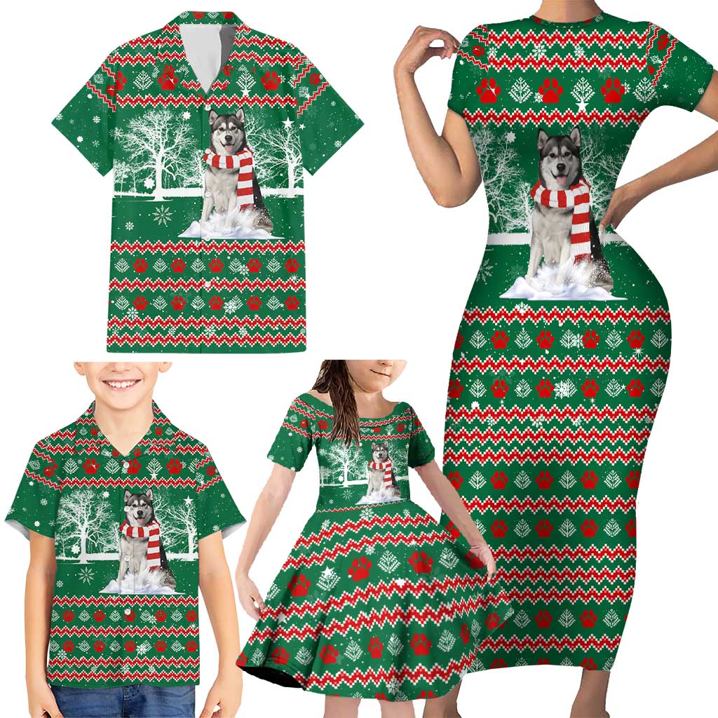 Alaskan Malamute Winter Tree Christmas Family Matching Short Sleeve Bodycon Dress and Hawaiian Shirt Xmas Holiday Patterns - Wonder Print Shop