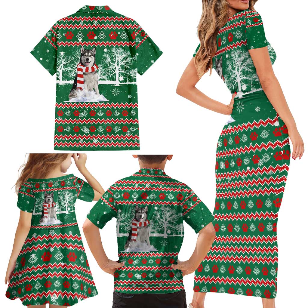 Alaskan Malamute Winter Tree Christmas Family Matching Short Sleeve Bodycon Dress and Hawaiian Shirt Xmas Holiday Patterns - Wonder Print Shop