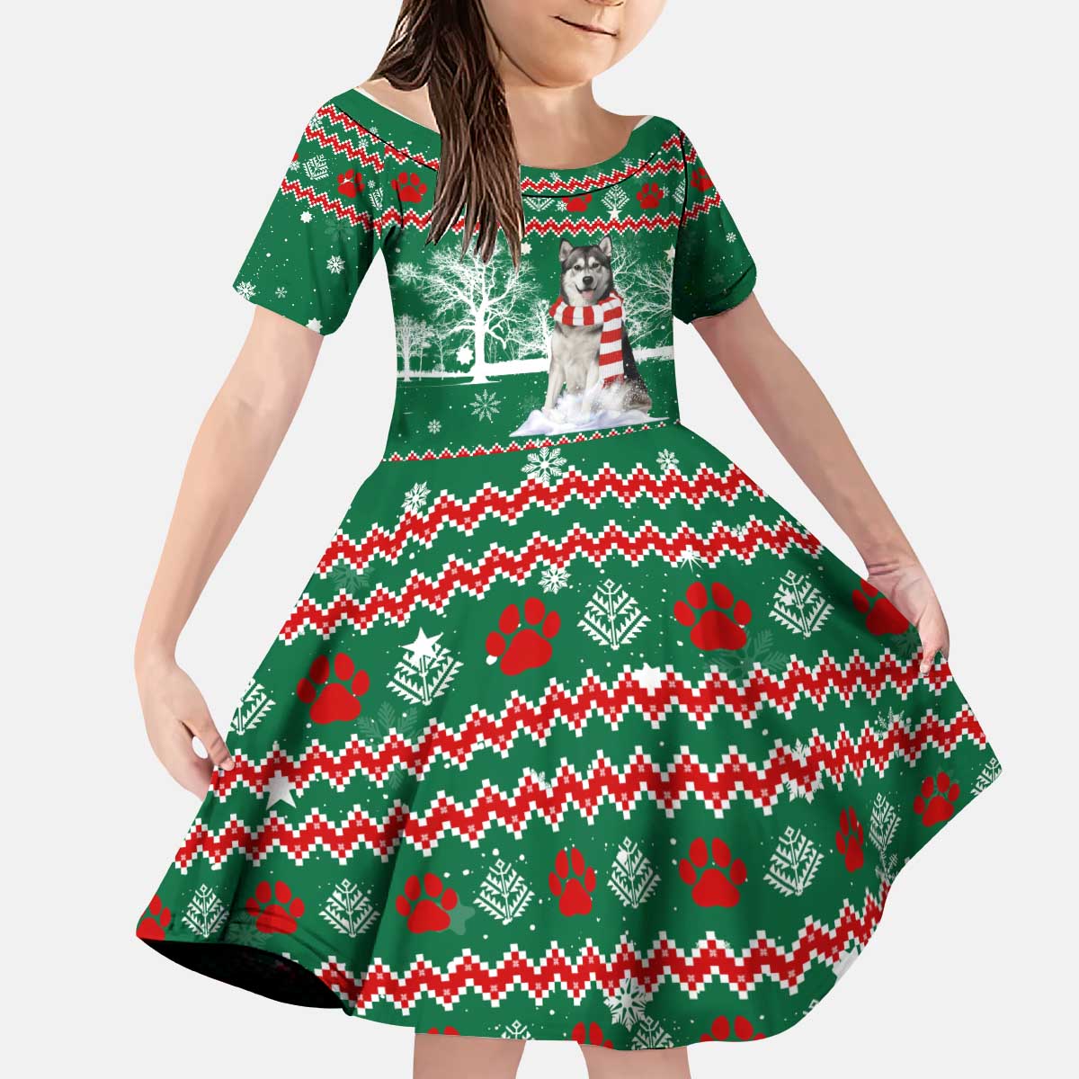 Alaskan Malamute Winter Tree Christmas Kid Short Sleeve Dress Xmas Holiday Patterns - Wonder Print Shop