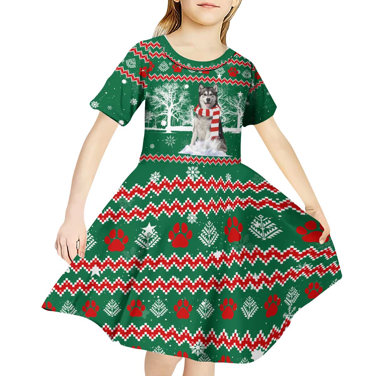 Alaskan Malamute Winter Tree Christmas Kid Short Sleeve Dress Xmas Holiday Patterns - Wonder Print Shop