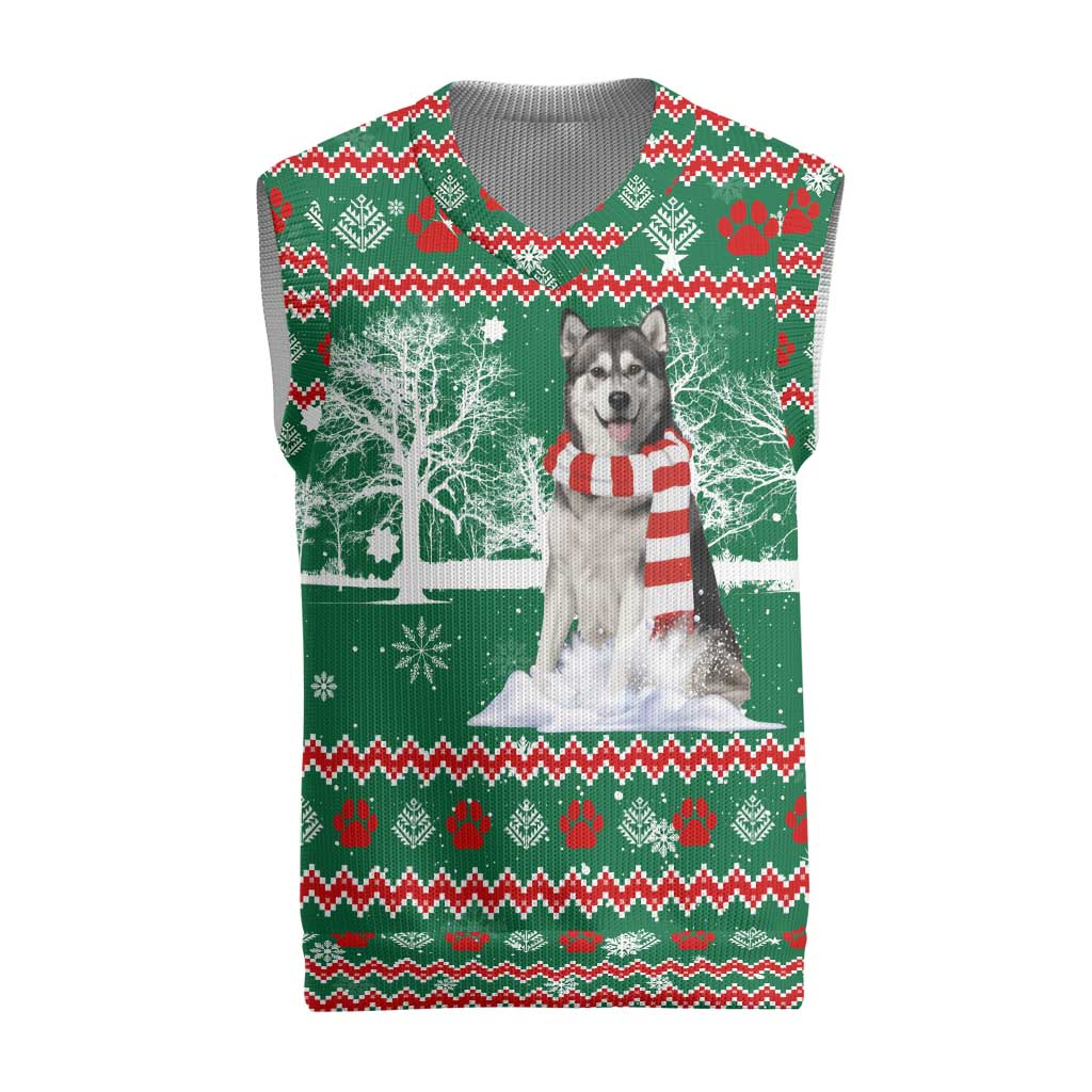 Alaskan Malamute Winter Tree Christmas Knitted V-Neck Vest Xmas Holiday Patterns - Wonder Print Shop