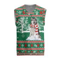 Alaskan Malamute Winter Tree Christmas Knitted V-Neck Vest Xmas Holiday Patterns - Wonder Print Shop