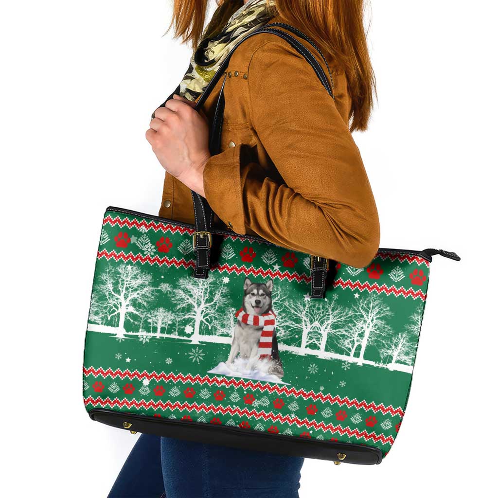Alaskan Malamute Winter Tree Christmas Leather Tote Bag Xmas Holiday Patterns - Wonder Print Shop
