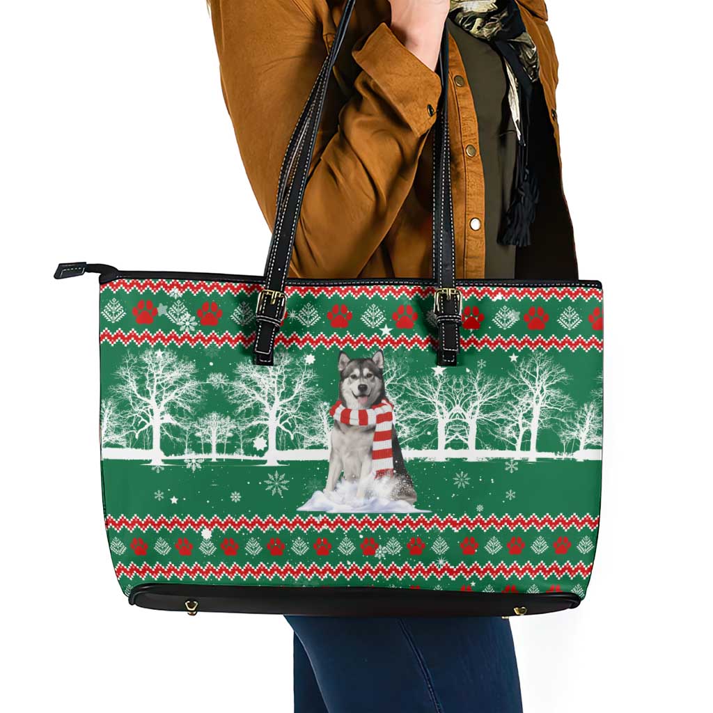 Alaskan Malamute Winter Tree Christmas Leather Tote Bag Xmas Holiday Patterns - Wonder Print Shop