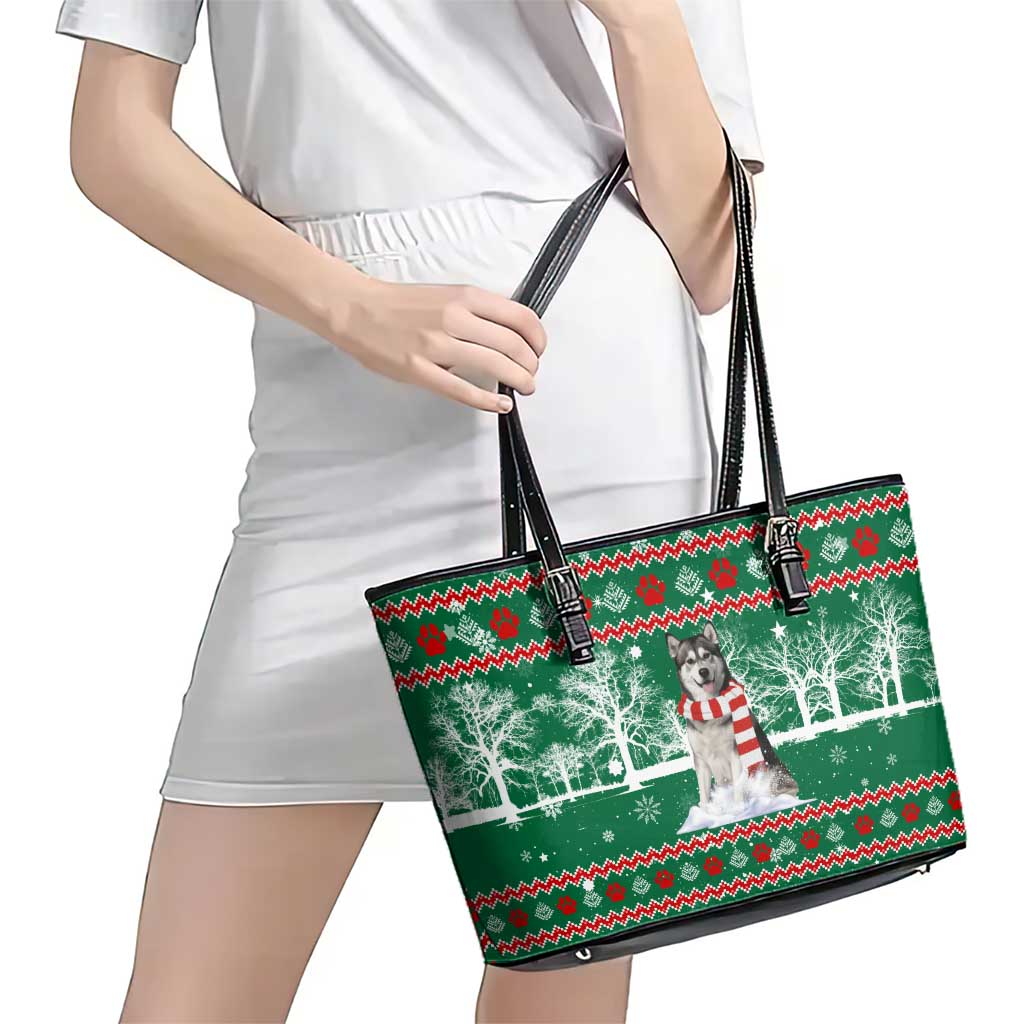 Alaskan Malamute Winter Tree Christmas Leather Tote Bag Xmas Holiday Patterns - Wonder Print Shop