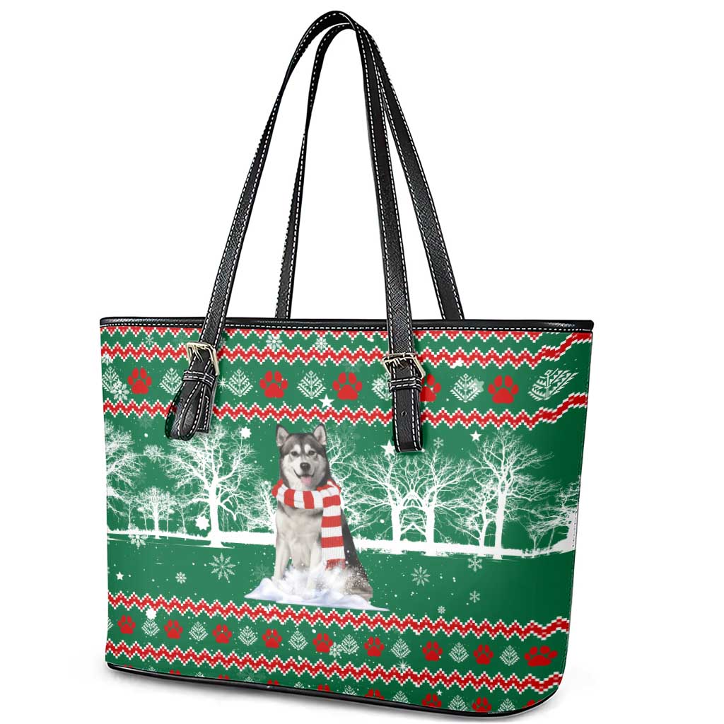 Alaskan Malamute Winter Tree Christmas Leather Tote Bag Xmas Holiday Patterns - Wonder Print Shop