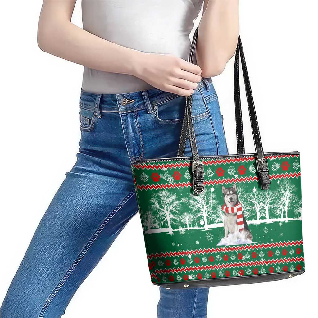Alaskan Malamute Winter Tree Christmas Leather Tote Bag Xmas Holiday Patterns - Wonder Print Shop