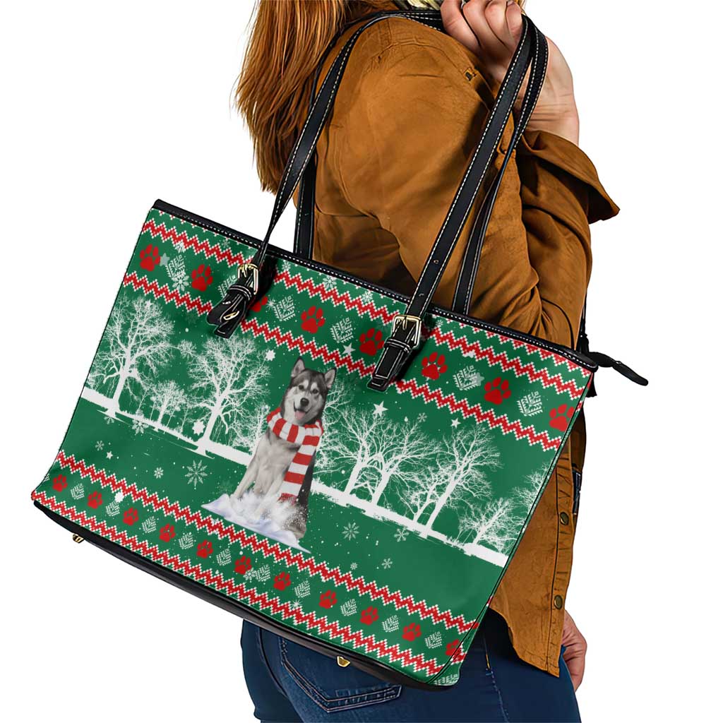 Alaskan Malamute Winter Tree Christmas Leather Tote Bag Xmas Holiday Patterns - Wonder Print Shop