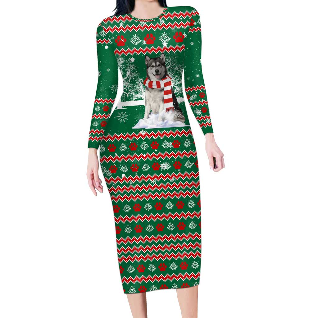 Alaskan Malamute Winter Tree Christmas Long Sleeve Bodycon Dress Xmas Holiday Patterns - Wonder Print Shop