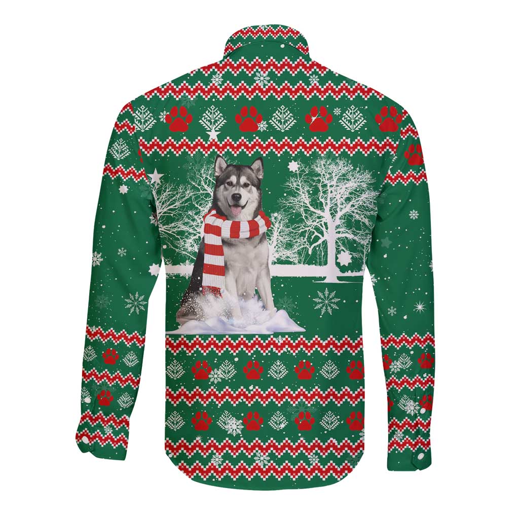 Alaskan Malamute Winter Tree Christmas Long Sleeve Button Shirt Xmas Holiday Patterns - Wonder Print Shop