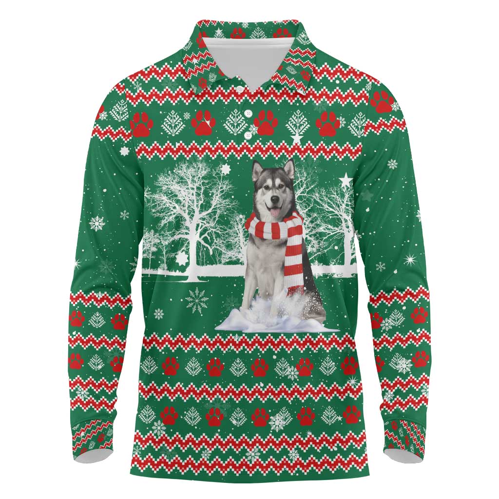 Alaskan Malamute Winter Tree Christmas Long Sleeve Polo Shirt Xmas Holiday Patterns - Wonder Print Shop