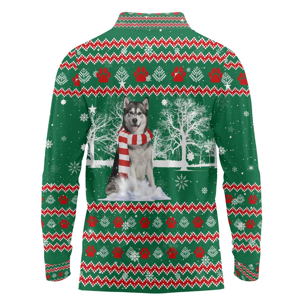 Alaskan Malamute Winter Tree Christmas Long Sleeve Polo Shirt Xmas Holiday Patterns - Wonder Print Shop