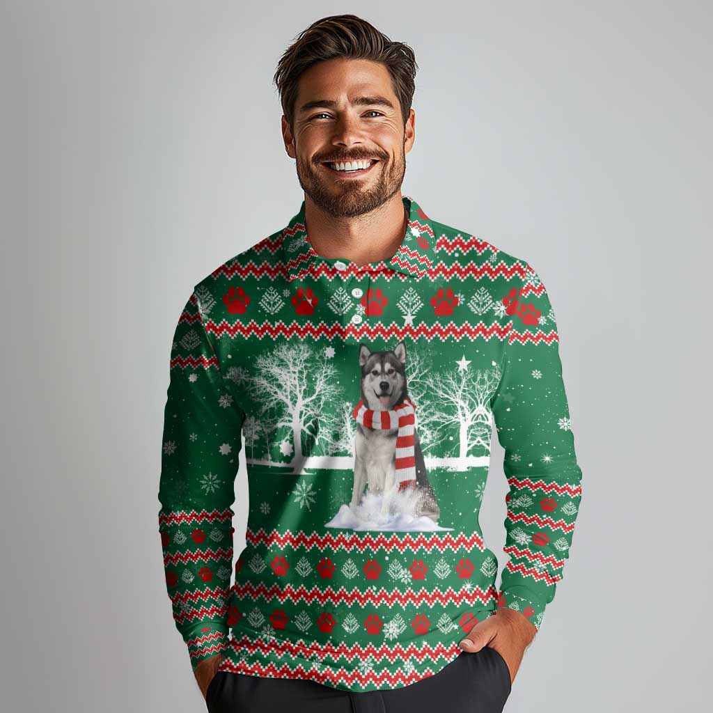 Alaskan Malamute Winter Tree Christmas Long Sleeve Polo Shirt Xmas Holiday Patterns - Wonder Print Shop