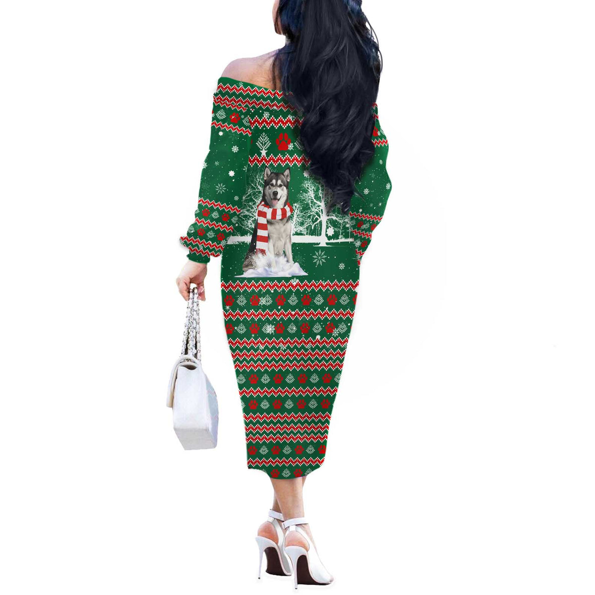 Alaskan Malamute Winter Tree Christmas Off The Shoulder Long Sleeve Dress Xmas Holiday Patterns - Wonder Print Shop