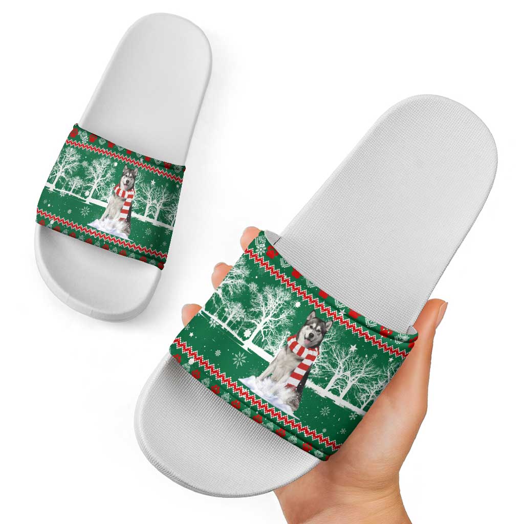 Alaskan Malamute Winter Tree Christmas Slide Sandals Xmas Holiday Patterns - Wonder Print Shop