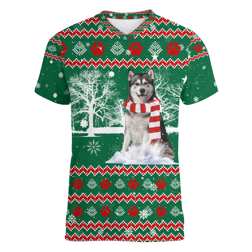 Alaskan Malamute Winter Tree Christmas Women V-Neck T-Shirt Xmas Holiday Patterns - Wonder Print Shop