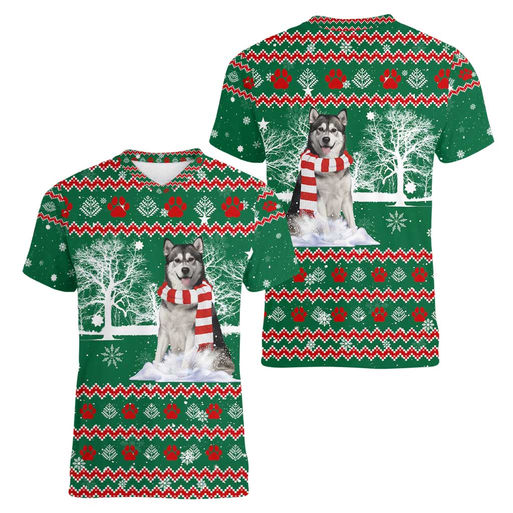 Alaskan Malamute Winter Tree Christmas Women V-Neck T-Shirt Xmas Holiday Patterns - Wonder Print Shop