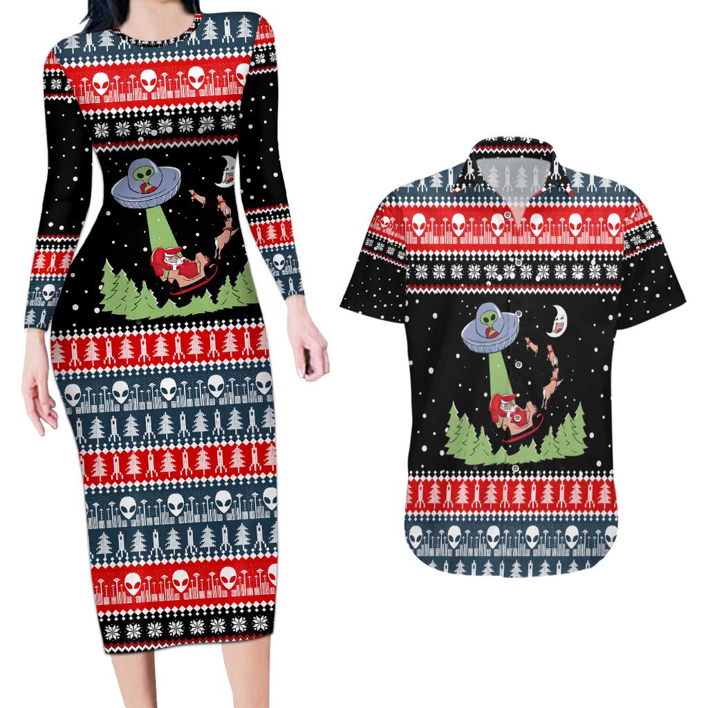 Alien Christmas Couples Matching Long Sleeve Bodycon Dress and Hawaiian Shirt Xmas Holiday Patterns - Wonder Print Shop