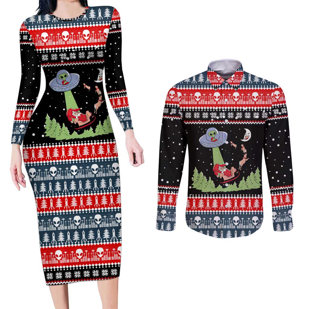 Alien Christmas Couples Matching Long Sleeve Bodycon Dress and Long Sleeve Button Shirt Xmas Holiday Patterns - Wonder Print Shop