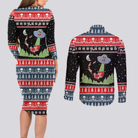 Alien Christmas Couples Matching Long Sleeve Bodycon Dress and Long Sleeve Button Shirt Xmas Holiday Patterns - Wonder Print Shop