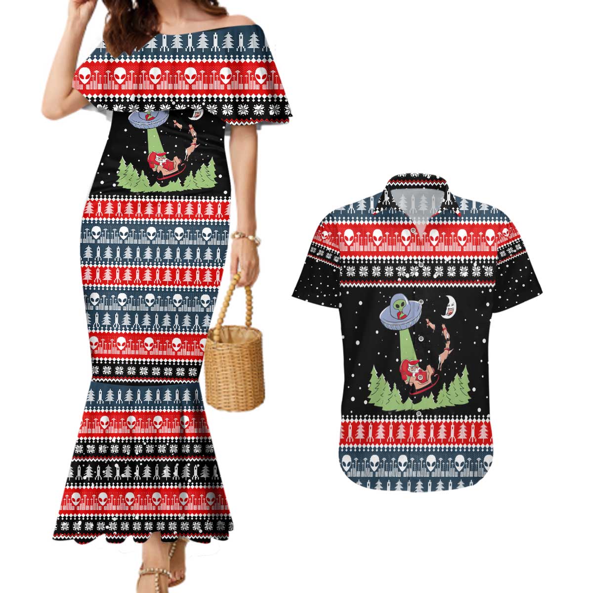 Alien Christmas Couples Matching Mermaid Dress and Hawaiian Shirt Xmas Holiday Patterns - Wonder Print Shop