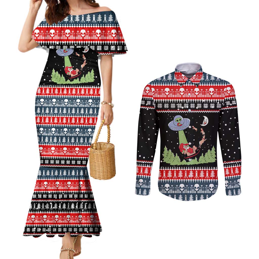 Alien Christmas Couples Matching Mermaid Dress and Long Sleeve Button Shirt Xmas Holiday Patterns - Wonder Print Shop