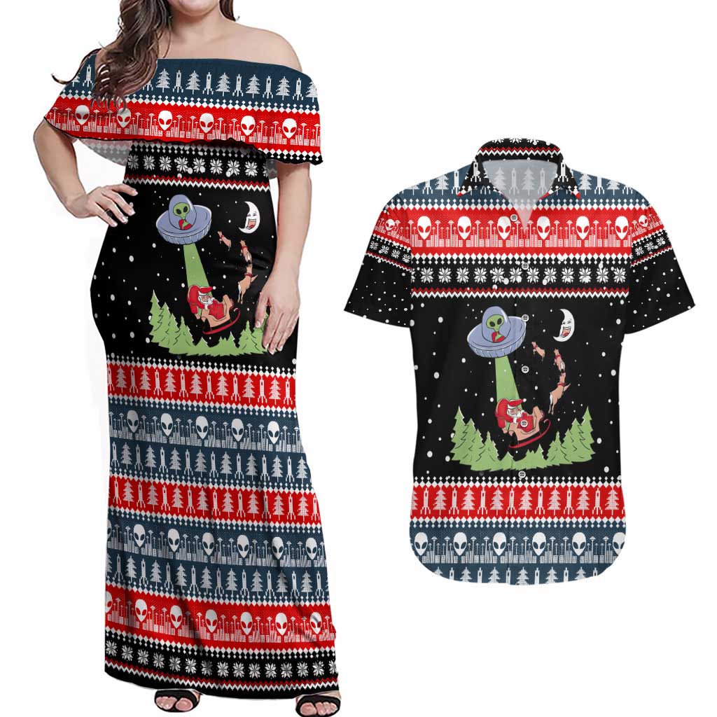 Alien Christmas Couples Matching Off Shoulder Maxi Dress and Hawaiian Shirt Xmas Holiday Patterns - Wonder Print Shop