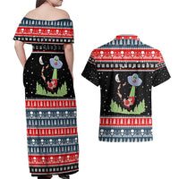 Alien Christmas Couples Matching Off Shoulder Maxi Dress and Hawaiian Shirt Xmas Holiday Patterns - Wonder Print Shop