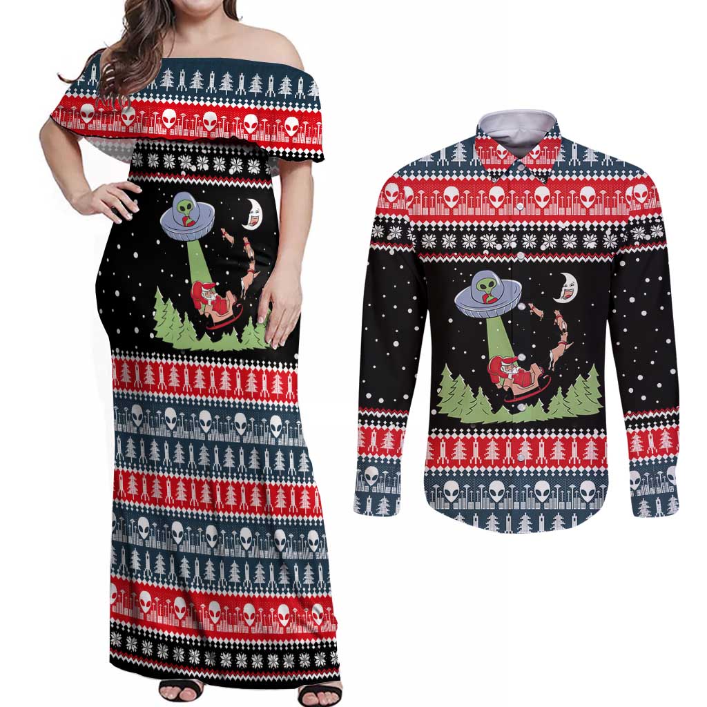 Alien Christmas Couples Matching Off Shoulder Maxi Dress and Long Sleeve Button Shirt Xmas Holiday Patterns - Wonder Print Shop