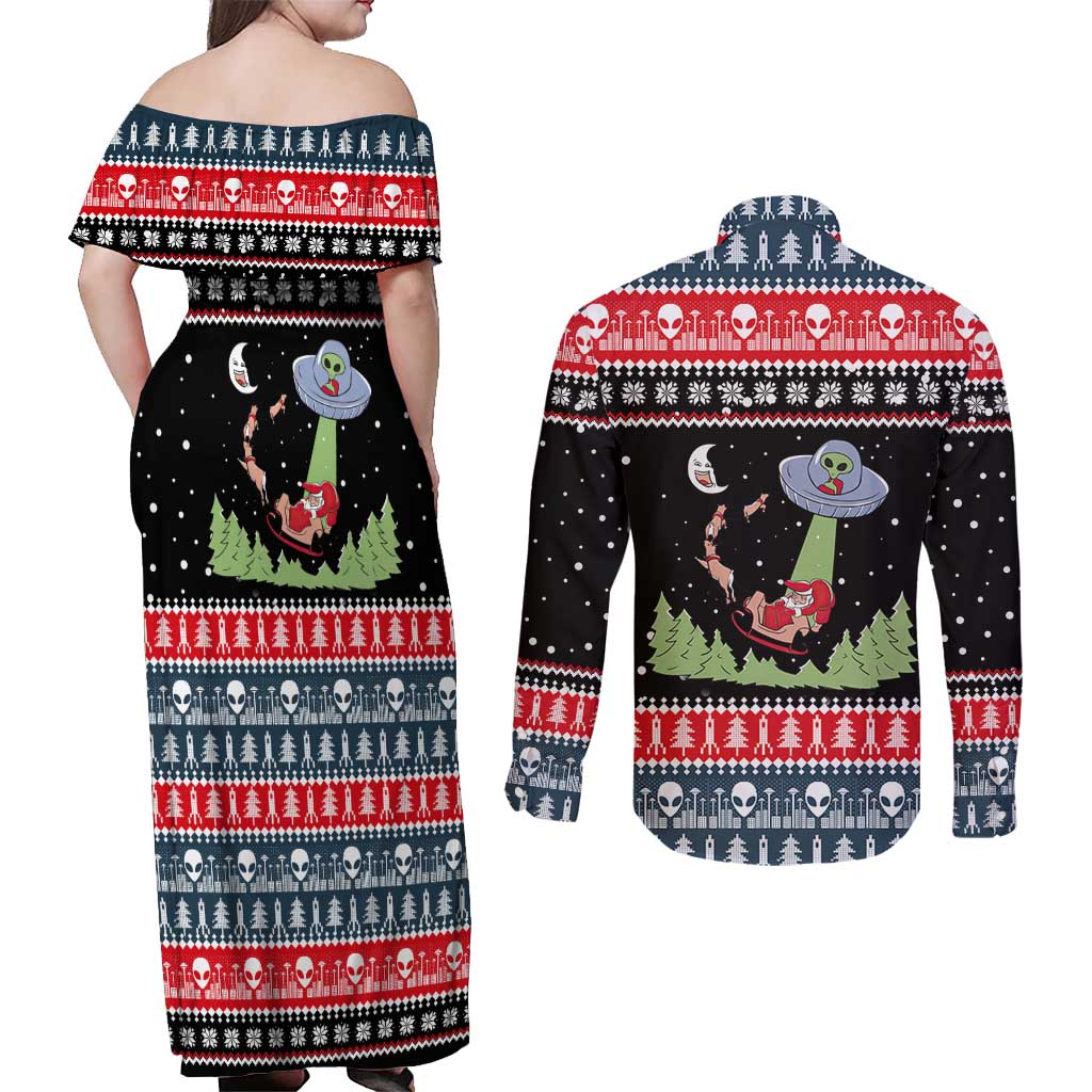 Alien Christmas Couples Matching Off Shoulder Maxi Dress and Long Sleeve Button Shirt Xmas Holiday Patterns - Wonder Print Shop