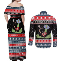 Alien Christmas Couples Matching Off Shoulder Maxi Dress and Long Sleeve Button Shirt Xmas Holiday Patterns - Wonder Print Shop