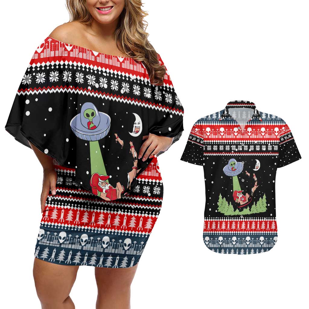 Alien Christmas Couples Matching Off Shoulder Short Dress and Hawaiian Shirt Xmas Holiday Patterns - Wonder Print Shop