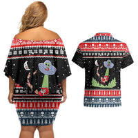 Alien Christmas Couples Matching Off Shoulder Short Dress and Hawaiian Shirt Xmas Holiday Patterns - Wonder Print Shop