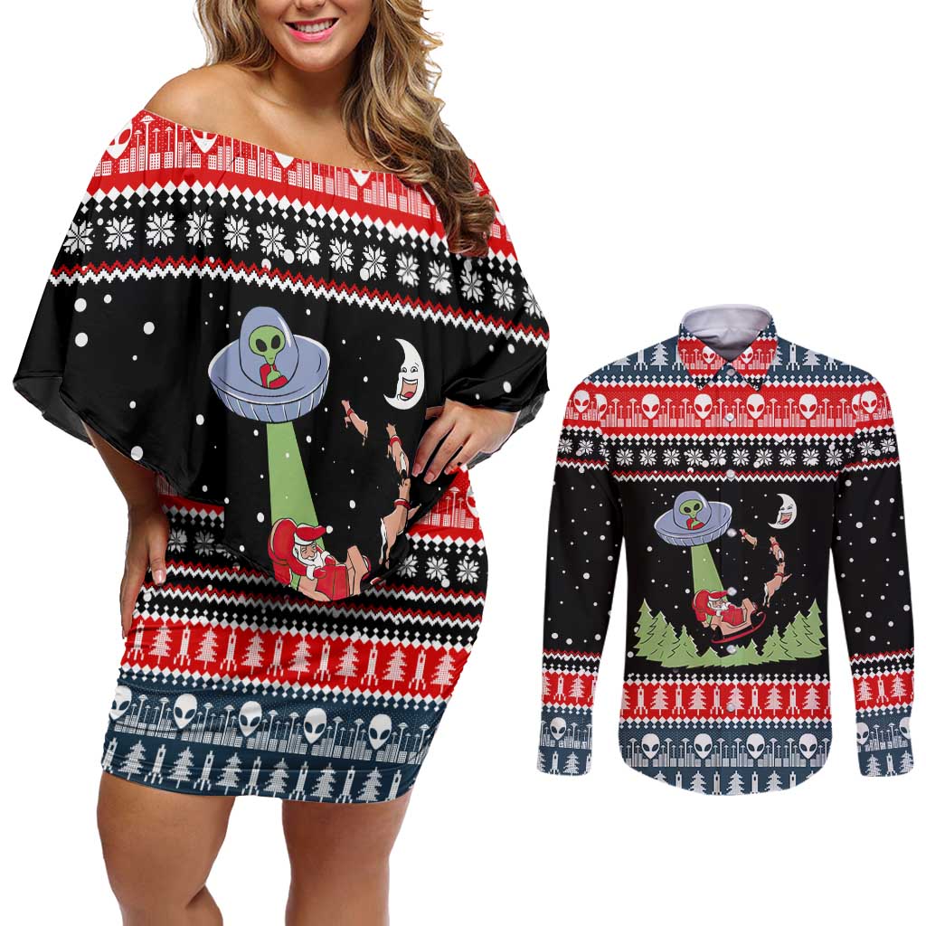 Alien Christmas Couples Matching Off Shoulder Short Dress and Long Sleeve Button Shirt Xmas Holiday Patterns - Wonder Print Shop