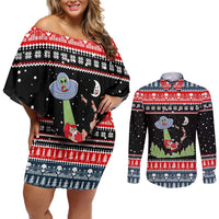Alien Christmas Couples Matching Off Shoulder Short Dress and Long Sleeve Button Shirt Xmas Holiday Patterns - Wonder Print Shop