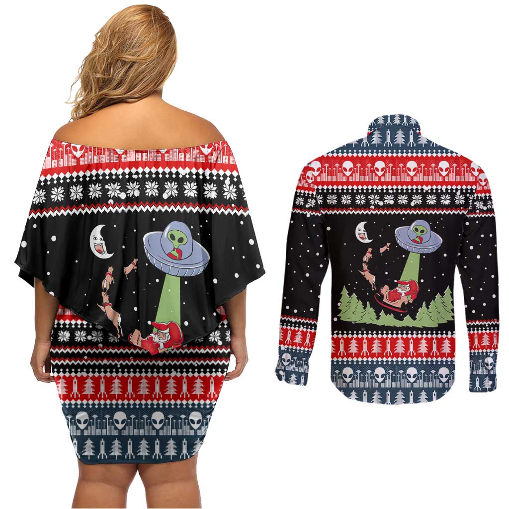 Alien Christmas Couples Matching Off Shoulder Short Dress and Long Sleeve Button Shirt Xmas Holiday Patterns - Wonder Print Shop