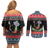 Alien Christmas Couples Matching Off Shoulder Short Dress and Long Sleeve Button Shirt Xmas Holiday Patterns - Wonder Print Shop