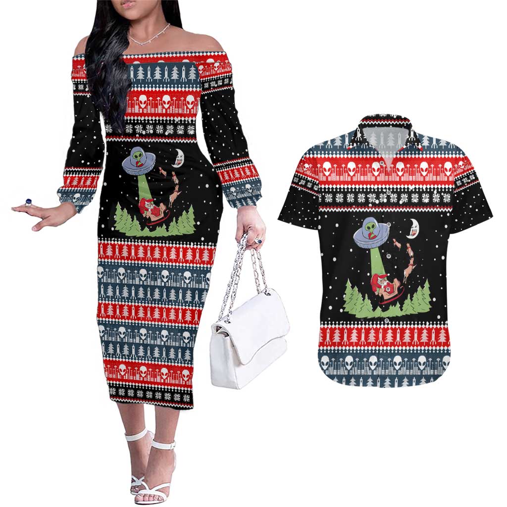 Alien Christmas Couples Matching Off The Shoulder Long Sleeve Dress and Hawaiian Shirt Xmas Holiday Patterns - Wonder Print Shop