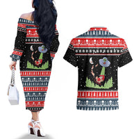Alien Christmas Couples Matching Off The Shoulder Long Sleeve Dress and Hawaiian Shirt Xmas Holiday Patterns - Wonder Print Shop