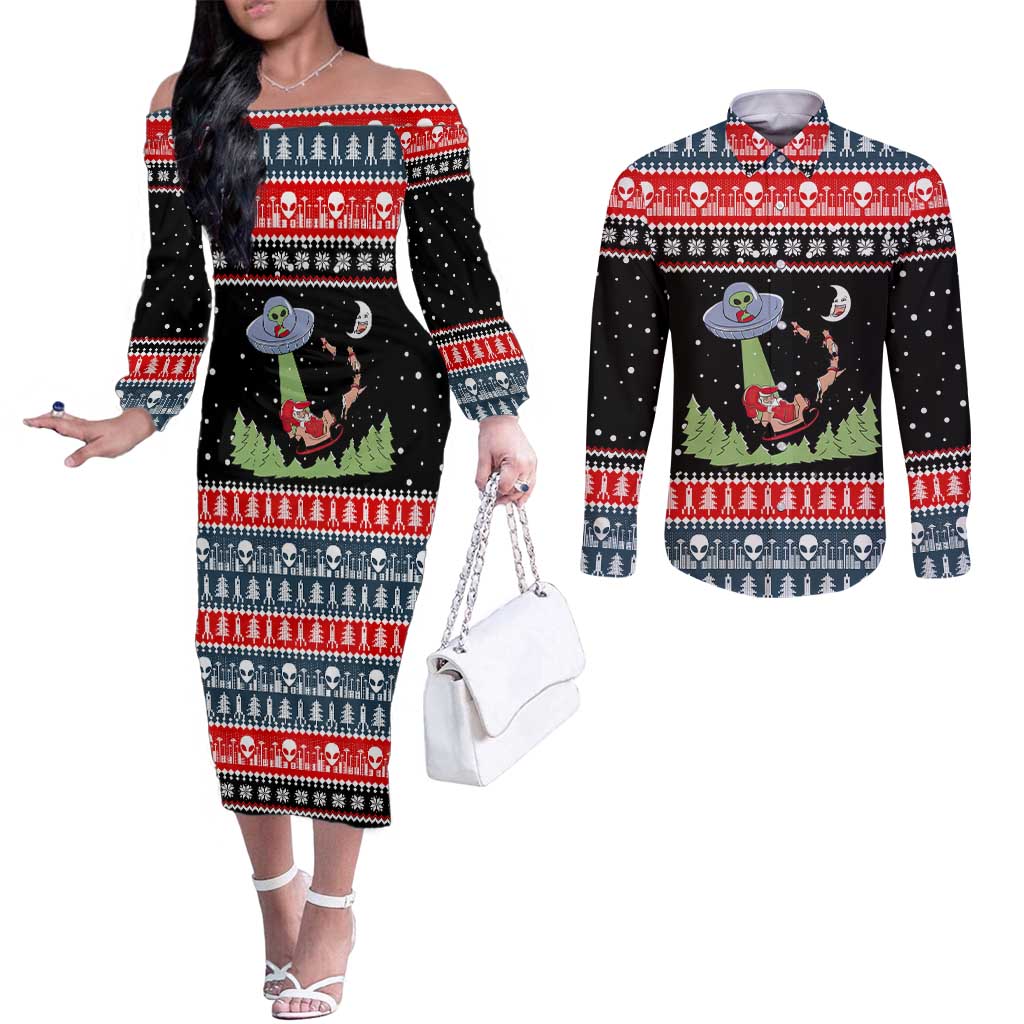 Alien Christmas Couples Matching Off The Shoulder Long Sleeve Dress and Long Sleeve Button Shirt Xmas Holiday Patterns - Wonder Print Shop